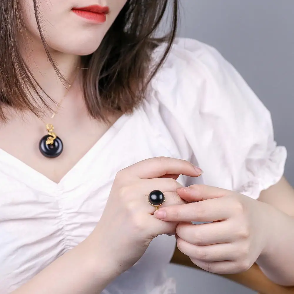 Silver Rings Silver Ring Jade Ring Natural Hetian black jade round bead opening adjustable ring Chinese retro elegant bamboo charm