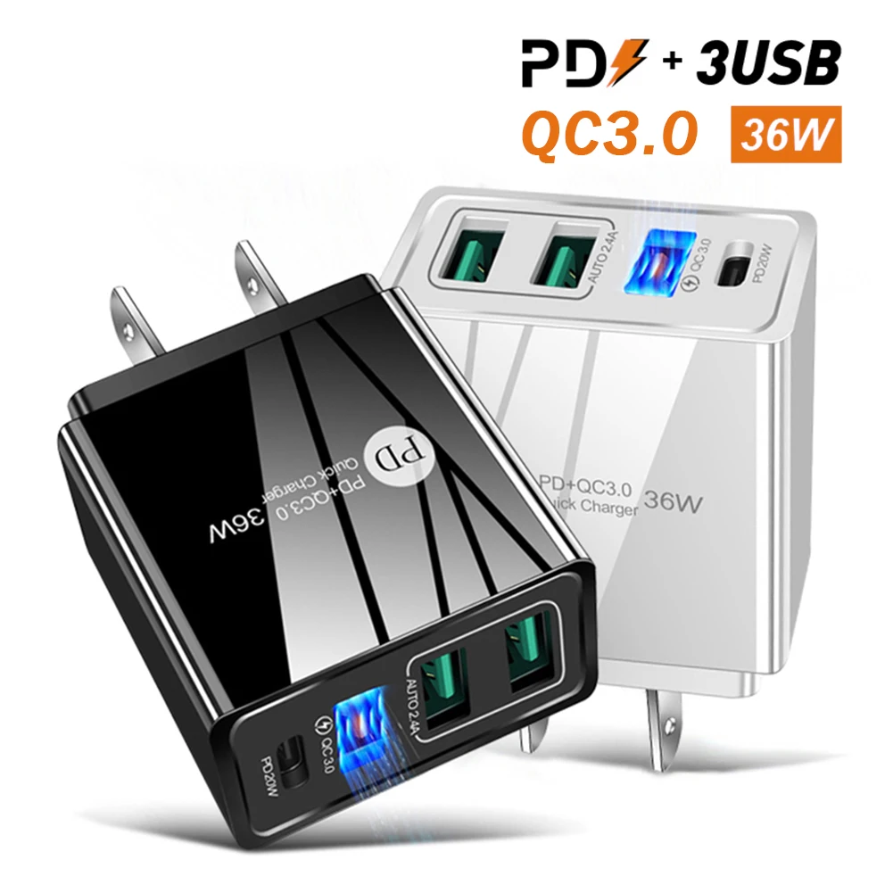 36W 4 Ports USB Charger PD 20W Quick Charge 3.0 Mobile Phone Fast Charging Adapter Travel Charger For iphone 12 Samsung Xiaomi quick charge 2.0