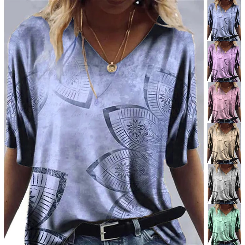 

2022 New Women T-shirt sunflower flower Printing V-Neck Casual Niche Design Sense Clothing Female Short Sleeve XS-8XL