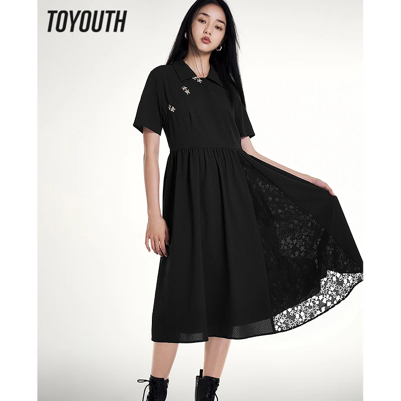 

Toyouth Women Dress 2023 Summer Short Sleeve Polo Neck A-shape Butterfly Buckle Jacquard Lace Elegant Mid-length Skirt
