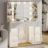 Makeup Vanity with Glass Top, White Vanity Desk with Mirror and Lights, Big Vanity with Drawers & Cabinets for Bedroom, Cute Van 1