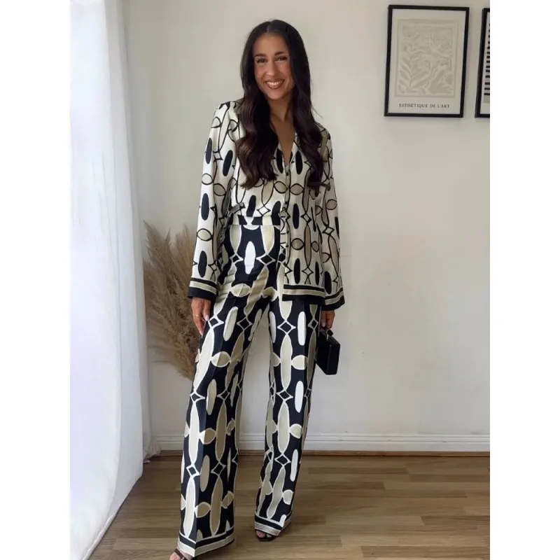 Spring Women's Geometric Print Lapel Long Sleeve Shirt 2-piece Set Side Pockets Casual High Waist Women's Wide Pants Suit