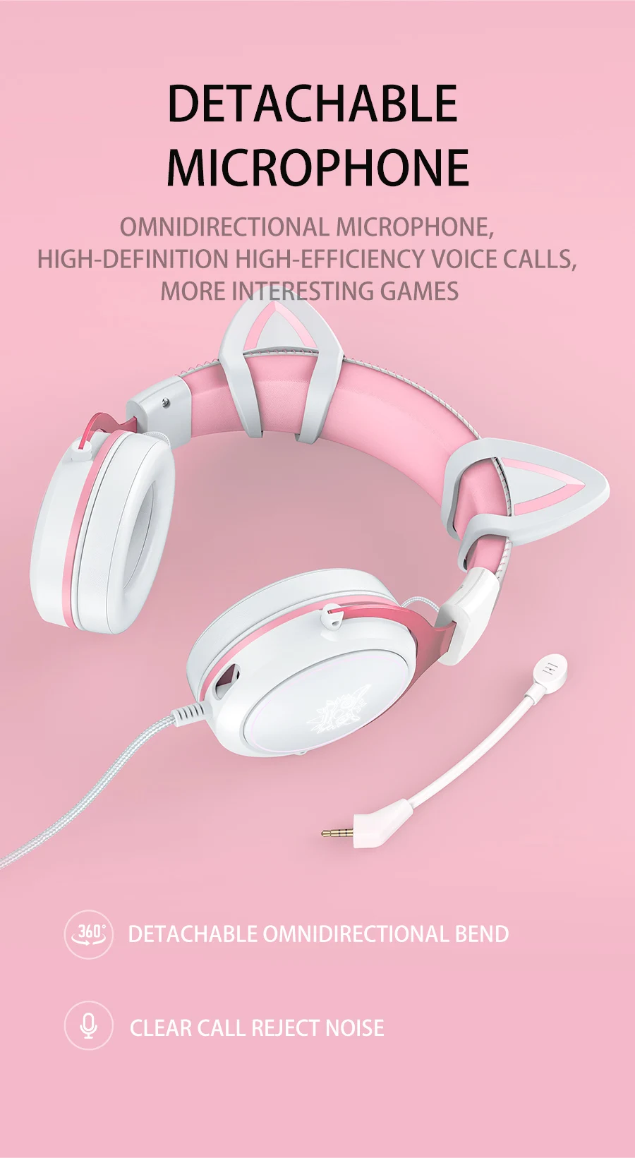 Headset Gamer ONIKUMA X10 Branco Rosa, Orelha de Gato destacável, Com fio, Microfone - ROLKO tech
