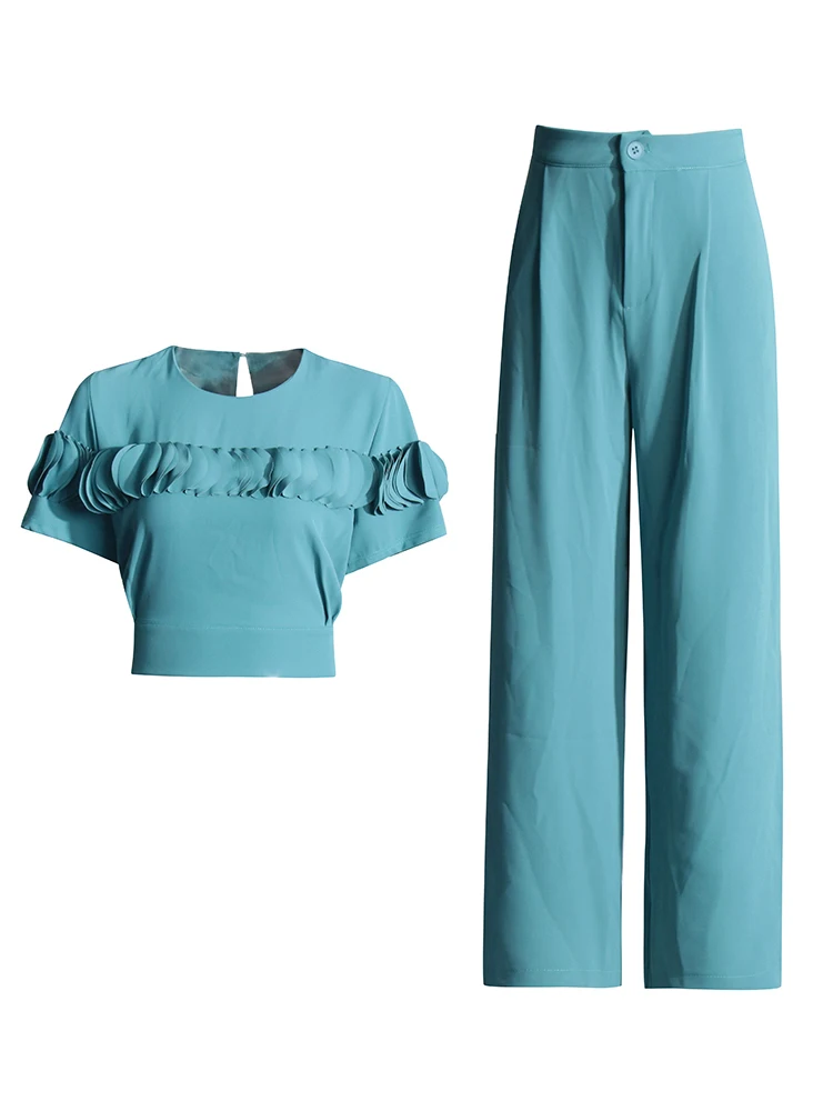 CHICEVER Solid Two Piece Set For Women V Neck Short Sleeve Patchwork Belt Tops Hight Waist Wide Leg Pants Casual Sets Female New