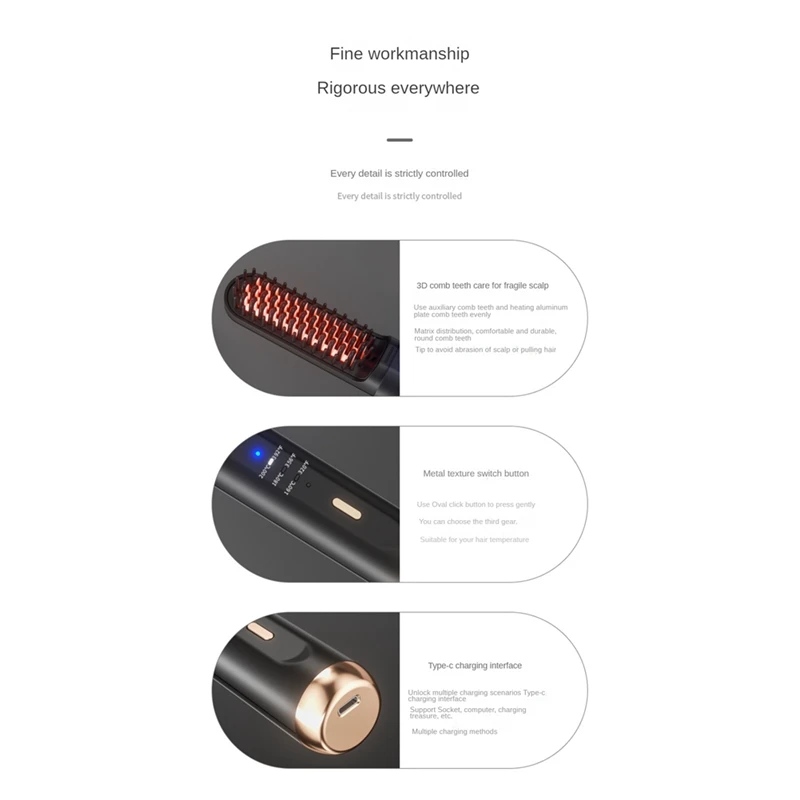 Multifunctional Cordless Hair Straightener Brush Negative Ions Electric Hot Comb Hair (Black) 2