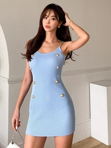 Fashion Summer Knitted Short Dress Women Clothing Pretty Sweater Solid Sexy Strap Bodycon Wrap Hip Mini Stretchy Mujer Vestidos