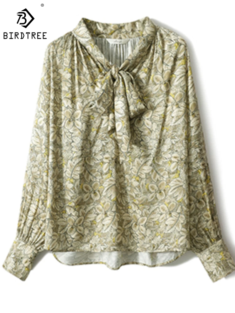 

Birdtree 23.2%Mulberry Silk Color Vintage Long Sleeves Floral Loose V-neck Temperament Commuting Blouse Woman Fall New T304662QD