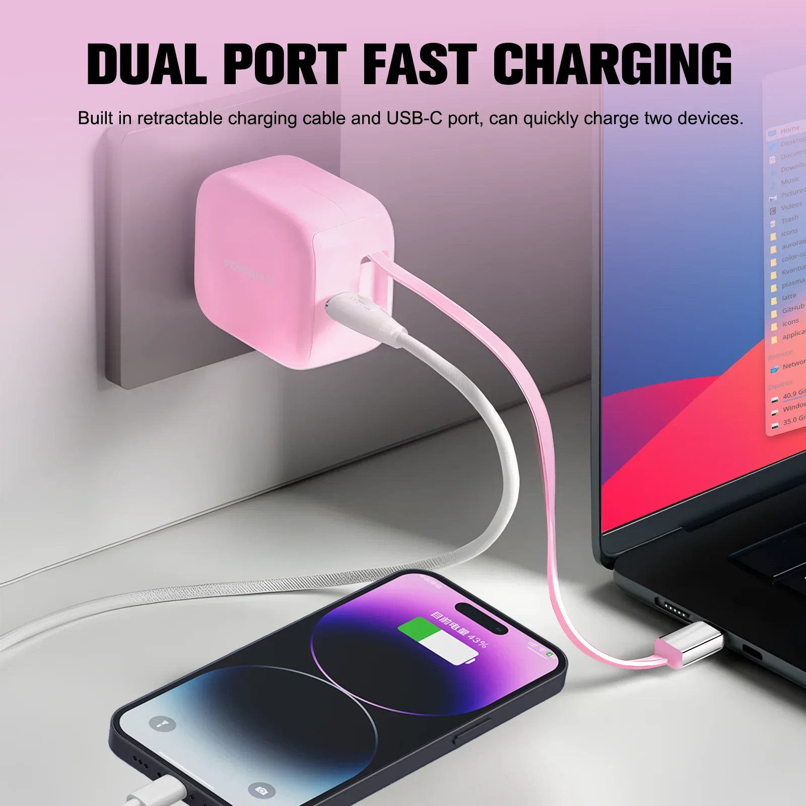 Unew USB-C Charger Adapter 35W 3A Fast Charging 60cm Retractable Cable Travel Charger for iPhone Xiaomi
