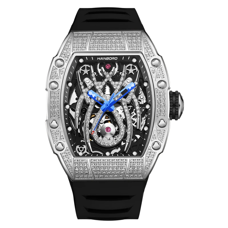 HANBORO Men Automatic Watch Luxury Watches Mechanical Wristwatch Luminous Tonneau Case 50M Waterproof Skeleton Austria Crystal