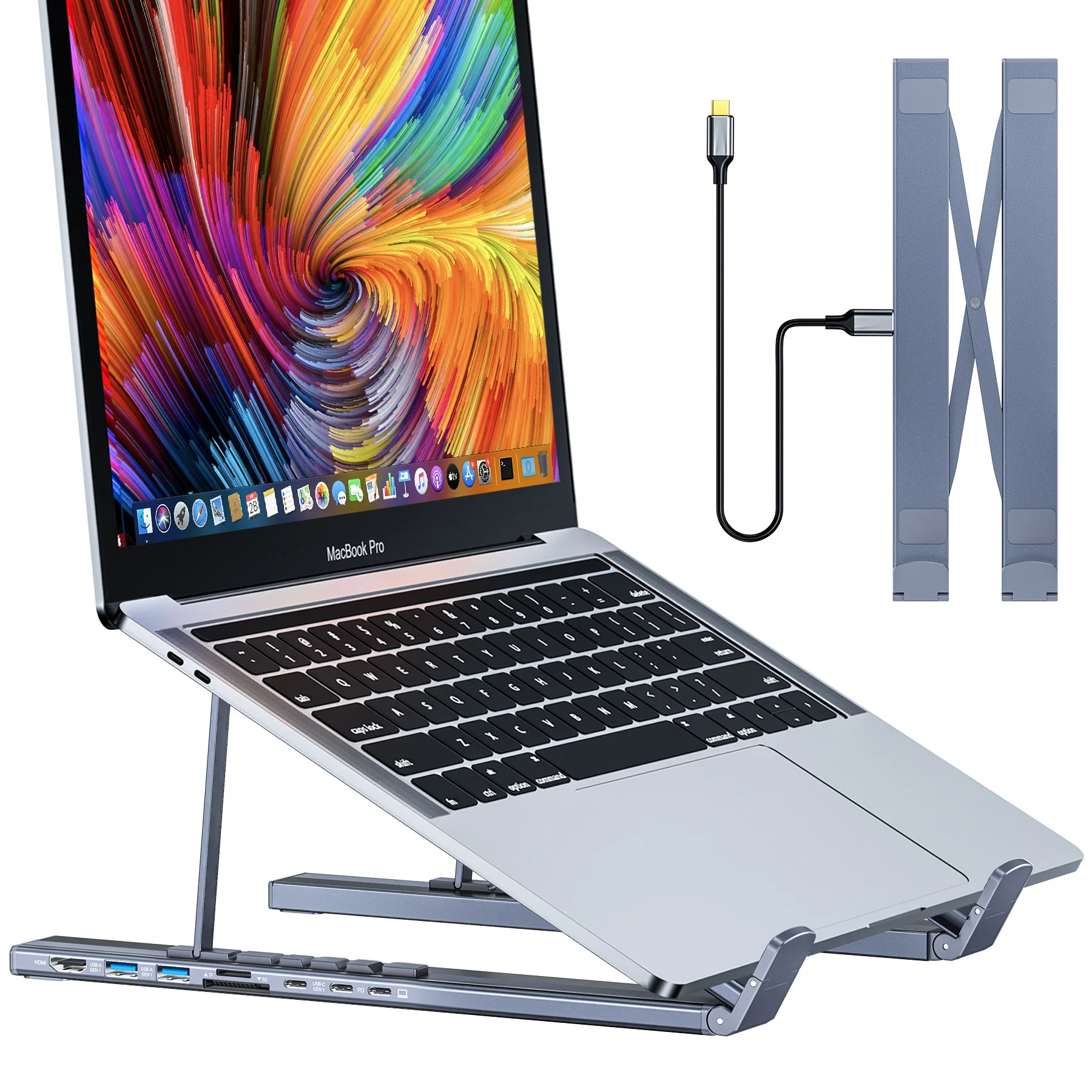 USB C 3.1 허브, USB 3.0, 8in1 SD/TF 카드 리더, 인체공학적 조절 가능 휴대용 맥북 알루미늄 노트북용 노트북 스탠드