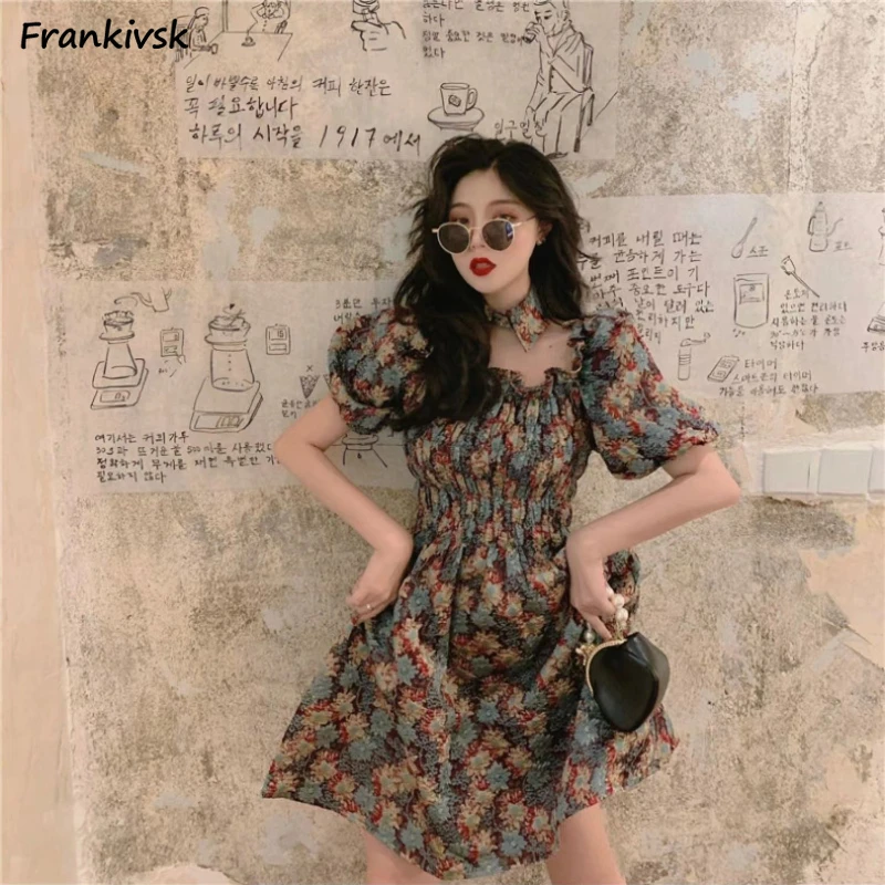 

Floral Mini Dresses Women French Style Elegant Vintage Temperament Puff Sleeve High Street Hotsweet Fashion Simple Summer Daily