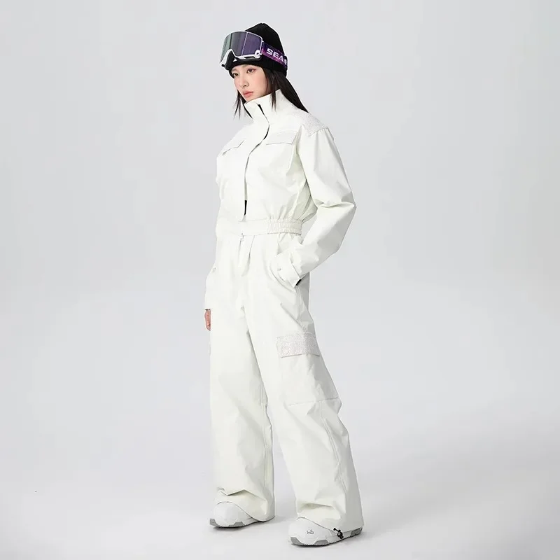 2025 새로운 방풍 방수 따뜻한 유행 브랜드 스노우 보드 착용 여성 싱글 더블 보드 높은 허리 작업복 세트 재킷 바지