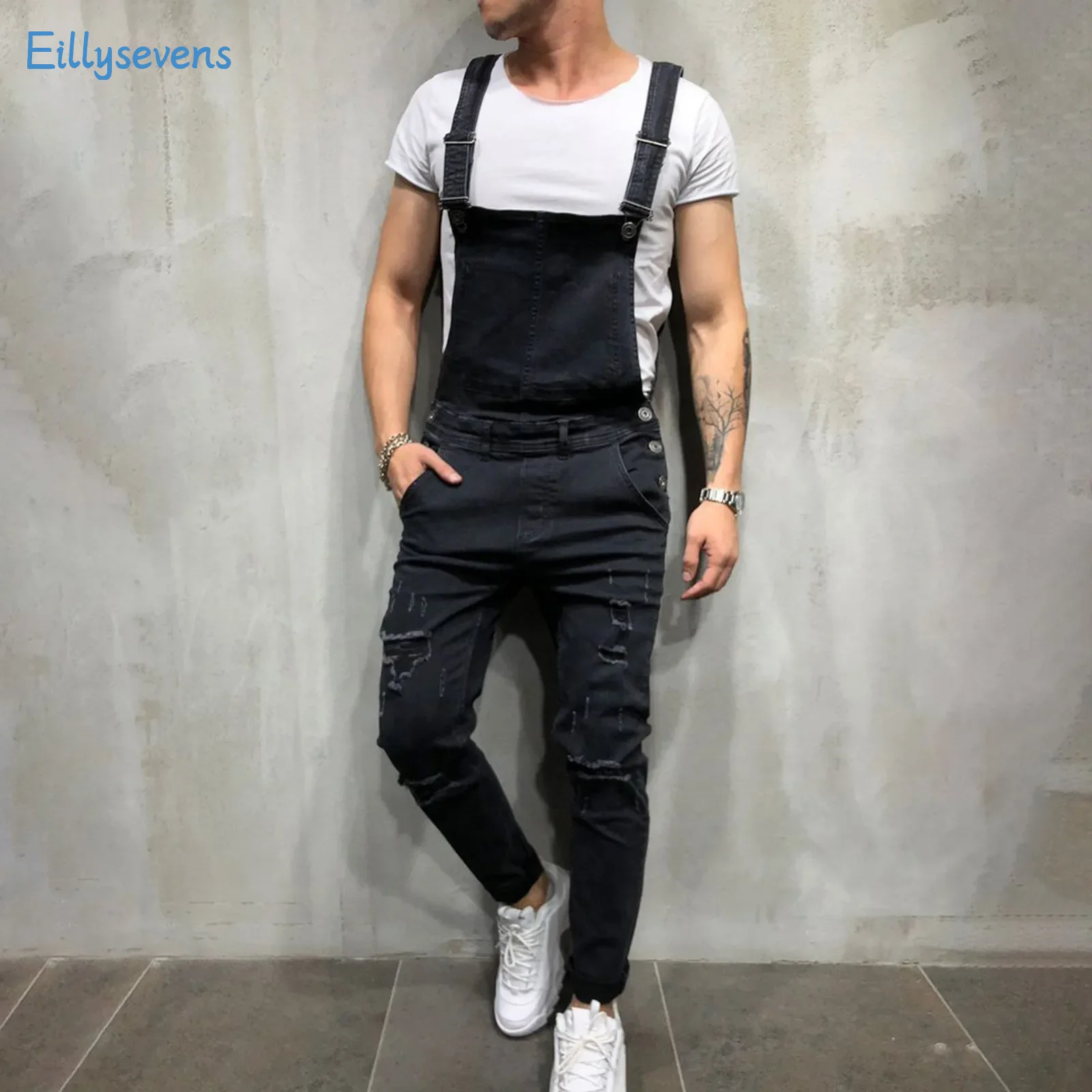 

Men Stylish Biker Denim Bib Overalls Jumpsuits Fashion Trend Fitting Streetwear Casual Ripped Dungarees Retro Strap Jeans