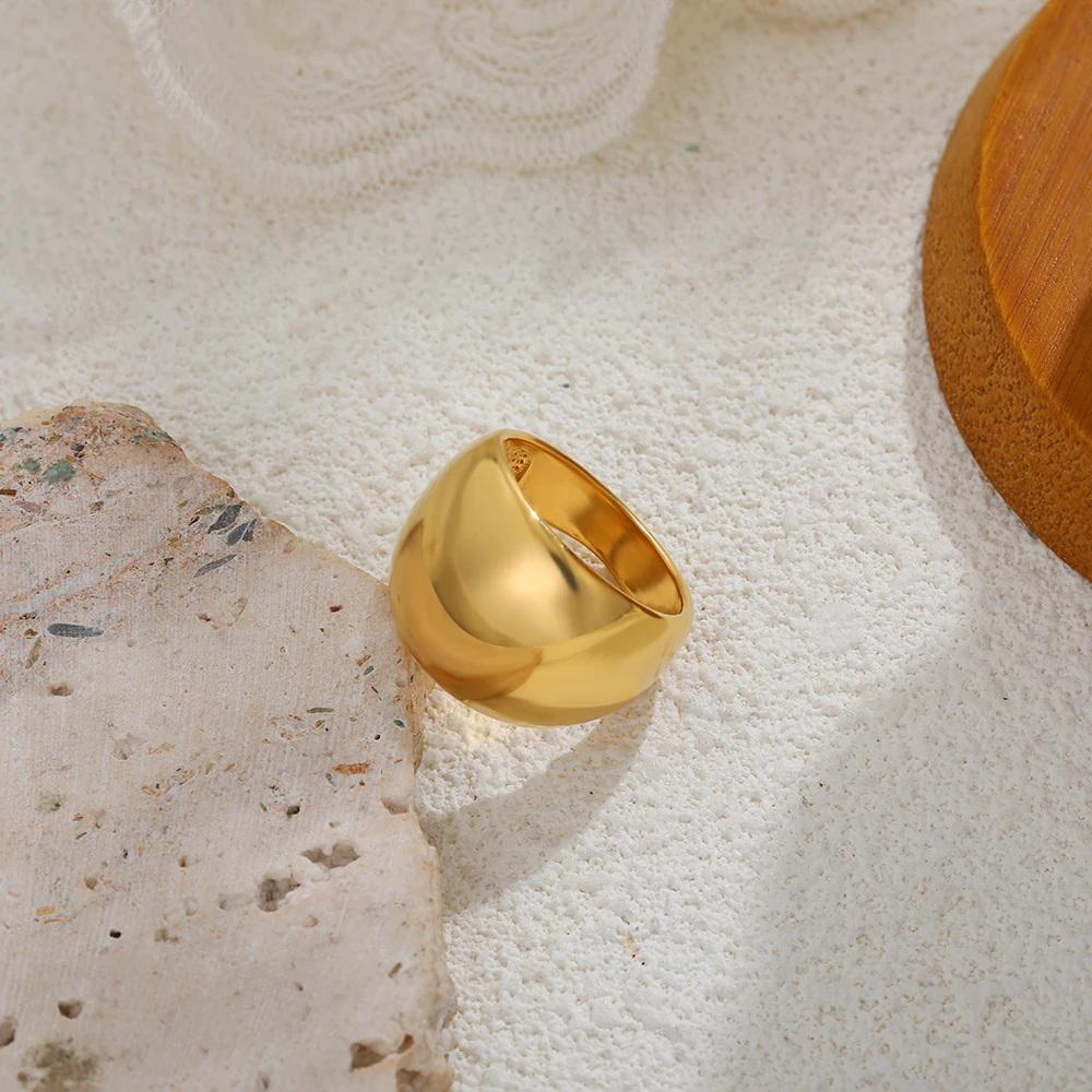 18K Gold Plated Glossy Wide Dome Knuckle Ring for Women Minimalist Waterproof Stainless Steel Rings Punk Vintage Jewelry Bijoux