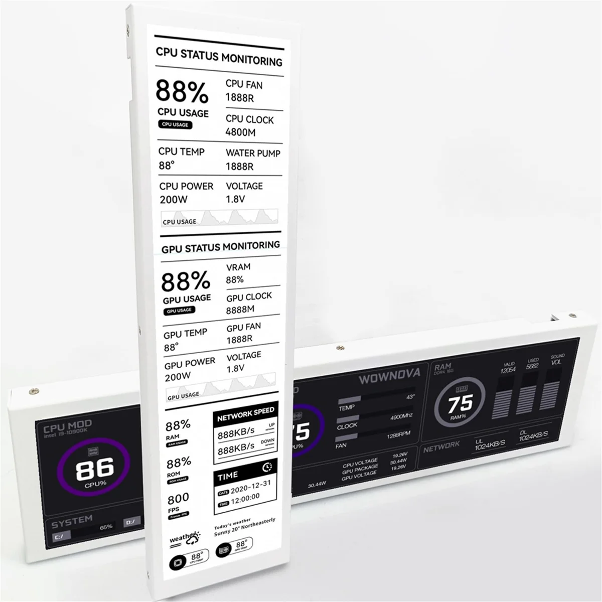 SWXF 8.8인치 컴퓨터 온도 모니터(동적 테마 지원), IPS 유형 C 보조 화면 CPU RAM HDD 데이터 FPS 모니터 흰색