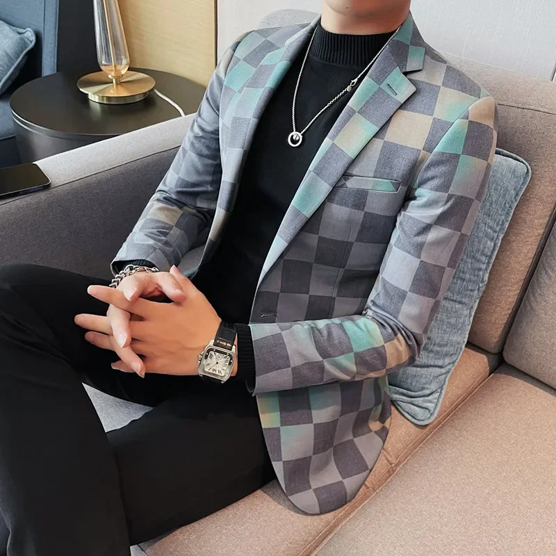 British Style Luxury Plaid Suit Jacket Spring New Men High-end Business Slim Blazers Groom Wedding Social Party Dress Coats