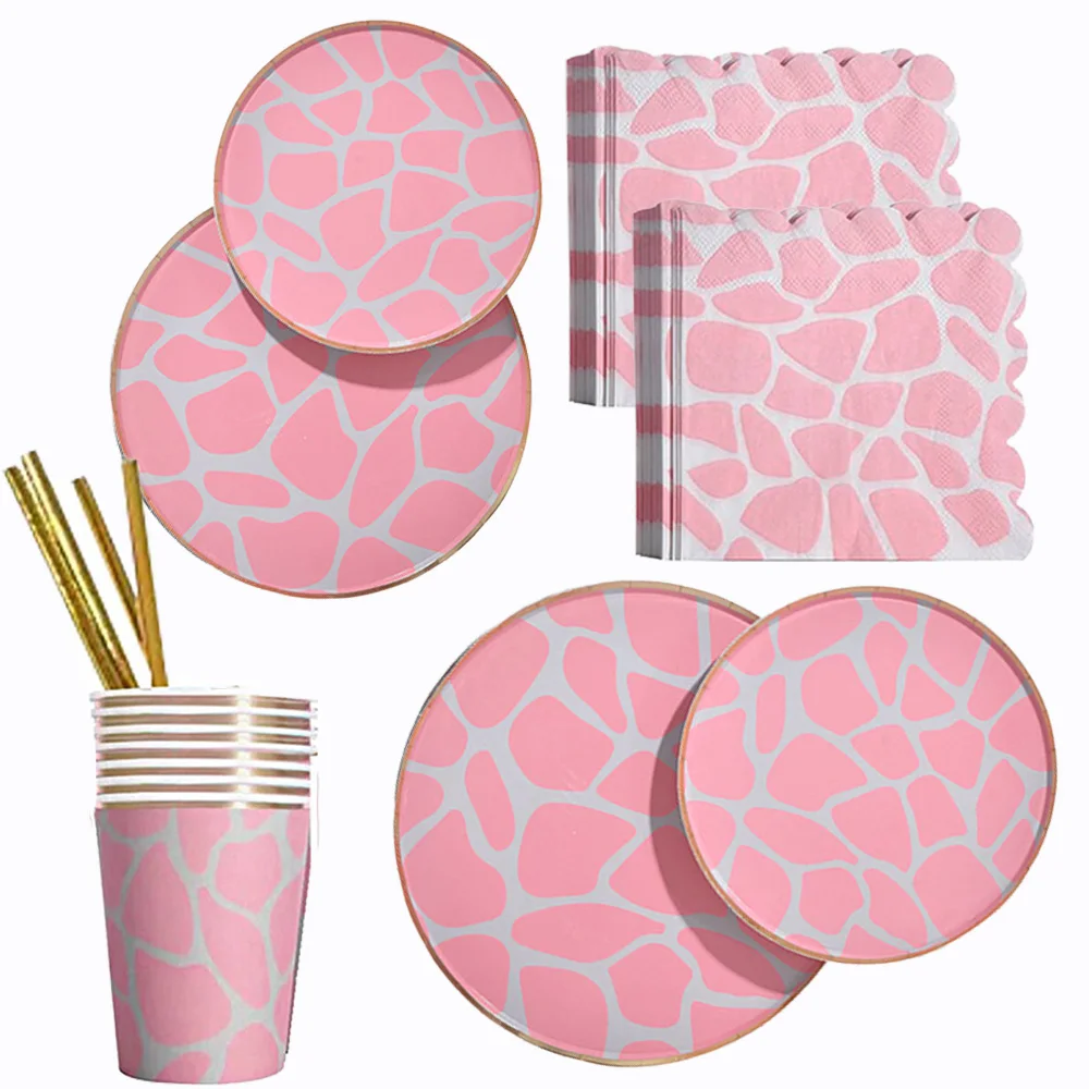 

60Pcs Jungle Safari Themed Party Tableware Set Leopard Zoo Animal Print Baby Shower Adults Party Outdoor Forest Leopard Pink