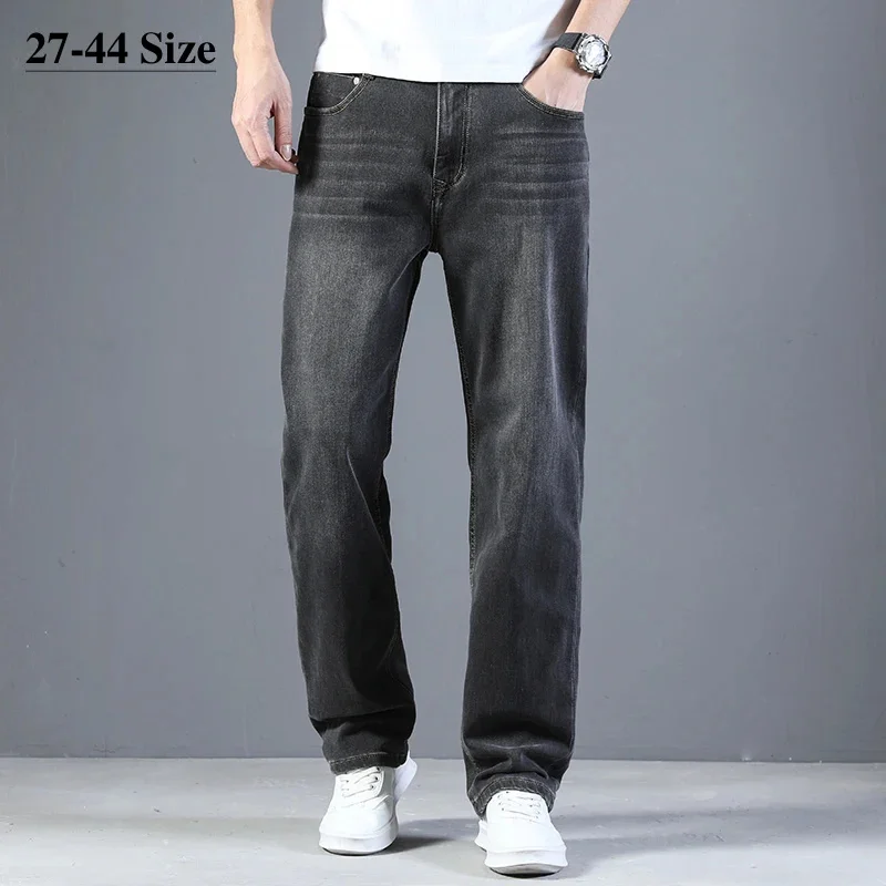 

Men's Autumn Loose Casual Jeans Classic Smoke Gray Trousers Elastic Straight Washed Denim Pants Brand Clothing Plus Size 42 44