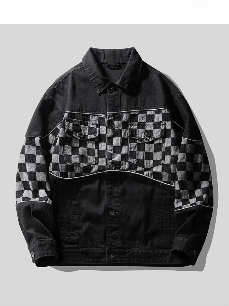 Jacket Men's Pure Cotton Black Gray Chessboard Color Matching Spring  Autumn New Trendy Japanese-Style Retro Washed Denim Loose