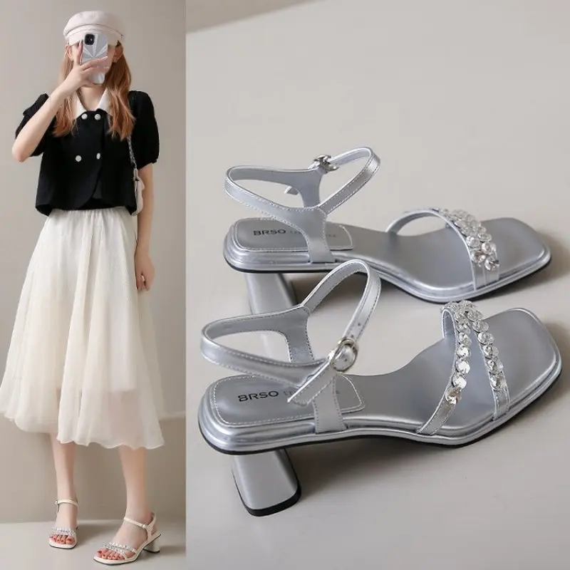 Women's Sandals 2024 Summer New White PU Square Toe Crystal Strap Buckle High Heels Acrylic Stiletto Fashion Party Women Shoes