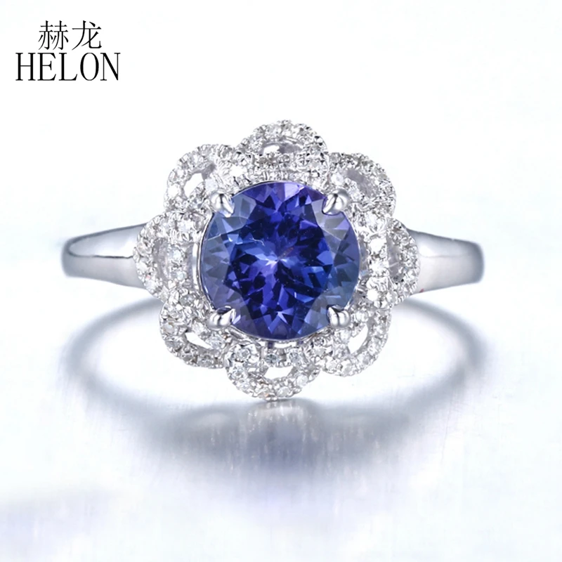 

HELON Solid 14k White Gold Round 7mm Genuine Tanzanite Diamonds Engagement Wedding Ring Women Trendy Jewelry Diamond Ring Gift