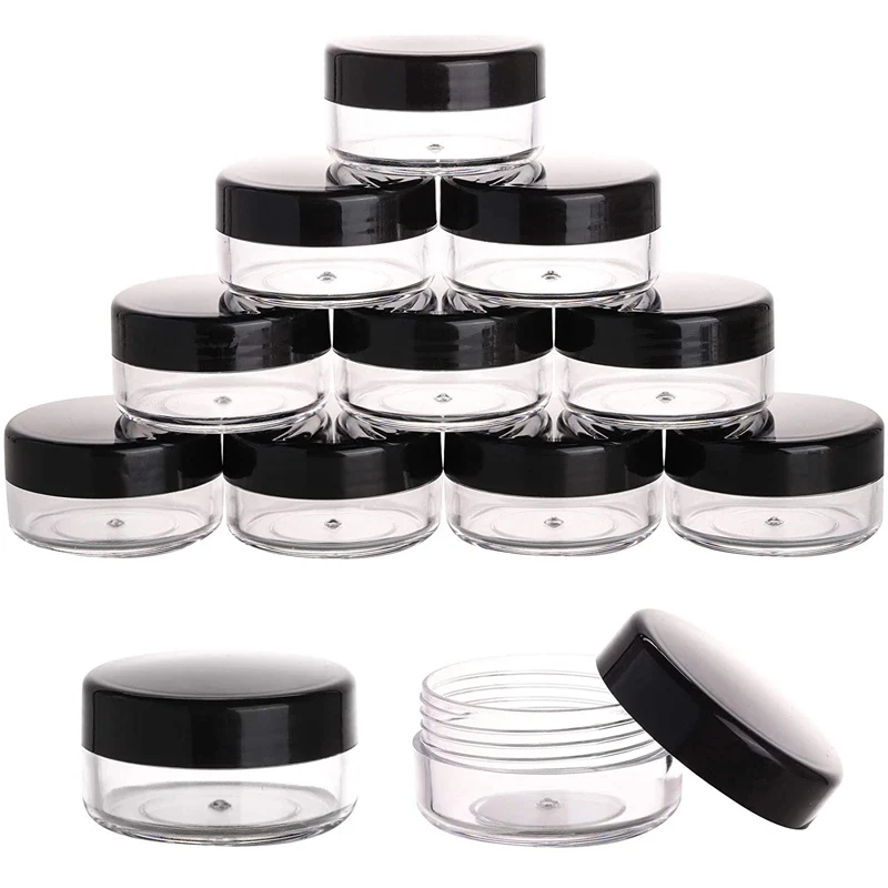 50Pcs 2g 3g 5g 10g 15g 20g Portable Plastic Cosmetic Jars Clear Bottles Eyeshadow Makeup Cream Lip Balm Container Pots Black Lid