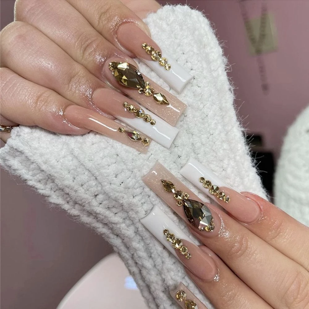 24pcs French False Nails Detachable Long Rhinestone Coffin Fake Nails  Acrylic Beauty Print Bride Ballerina Nail Art Full Tips - False Nails -  AliExpress