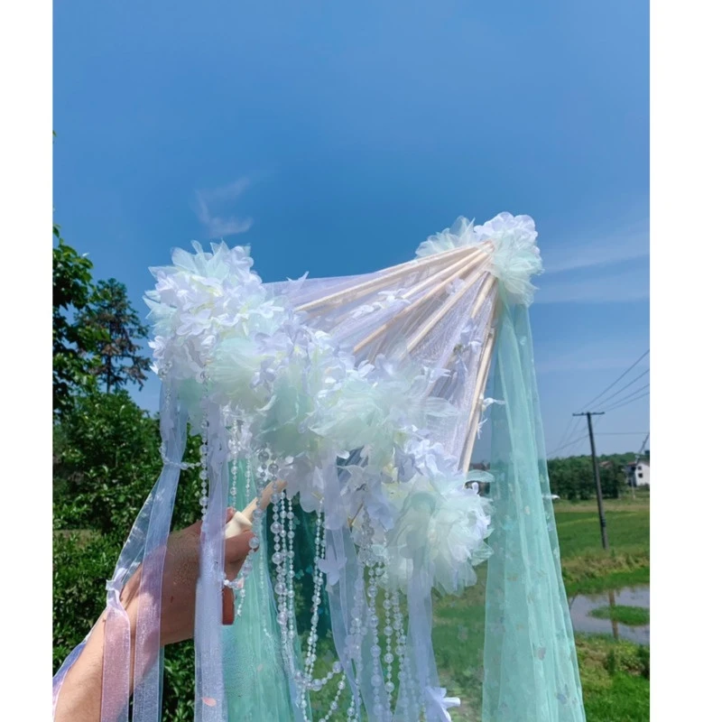 Red 85cm Flower Beach Shade Umbrella Fan Lolita Hanfu Accessories Super Fairy Ribbon Yarn Bead Catwalk Parasol Paraguas