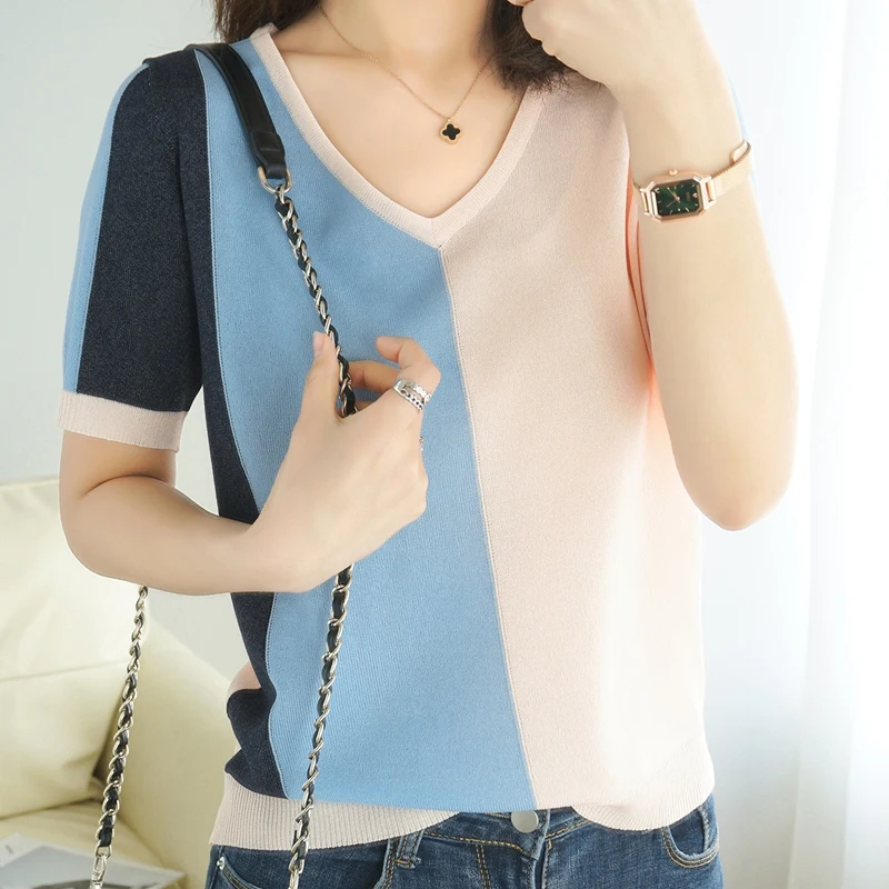 

Summer Retro Cool Ice Silk Short-Sleeved Simple And Elegant Female V-Neck Stitching Pullover Knitted T-Shirt Fashion Loose Top