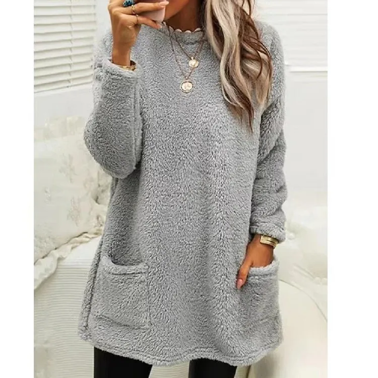 

Mid length 2023 spring round neck long sleeved autumn double-sided velvet sweater with plush added to women's clothing