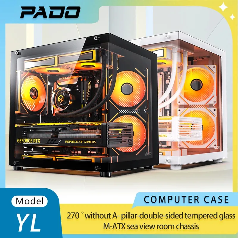 PADO YL M-ATX Gaming PC Case Desktop 270 ° Sea View Room Computer Case Without A-pillar Double-Sided Transparent PC Gamer Cabi