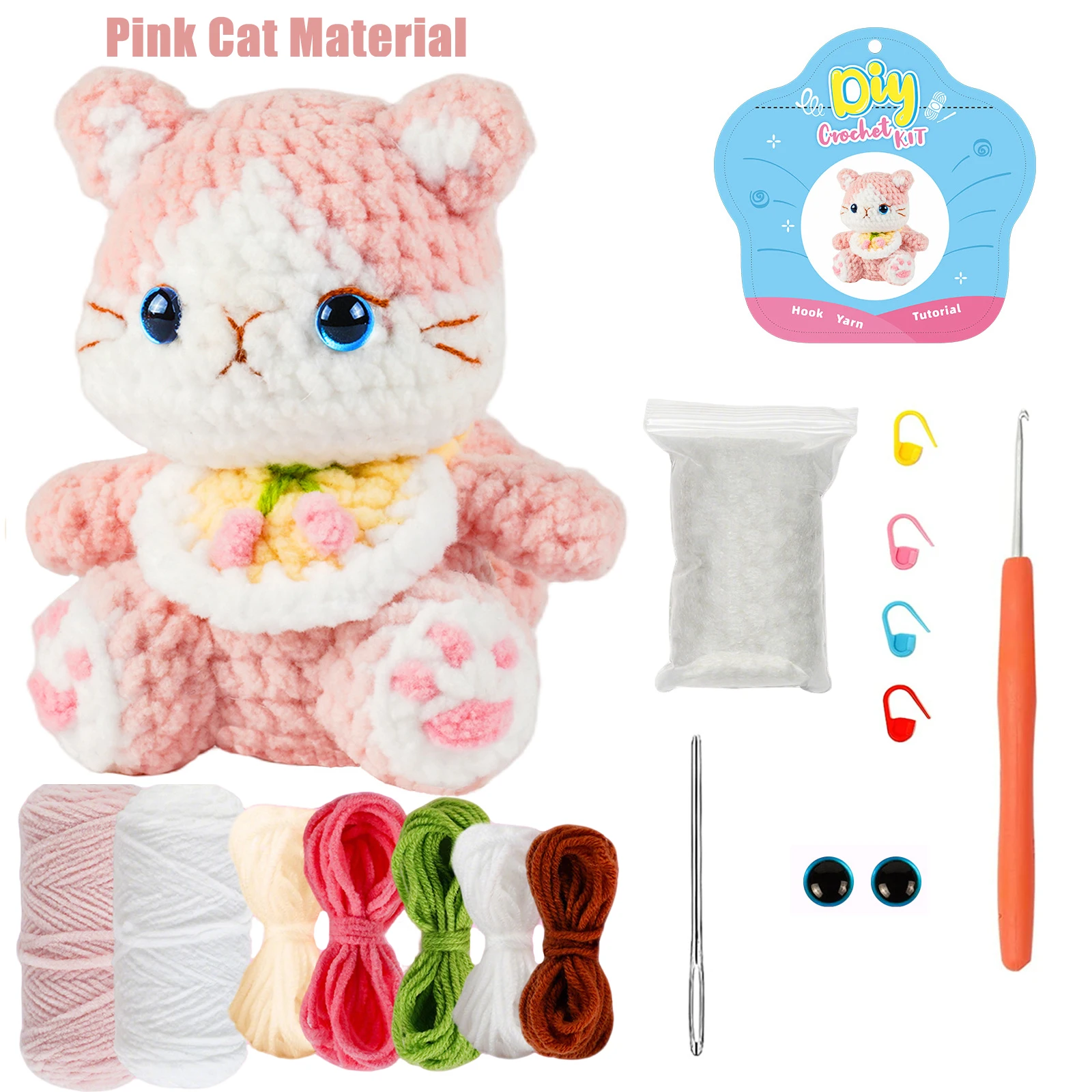 수제 고양이 아미구루미 인형 셔닐 원사 크로셰 키트 (초보자용 DIY 공예 키트, 패턴 포함) 귀여운 동물 생일 선물