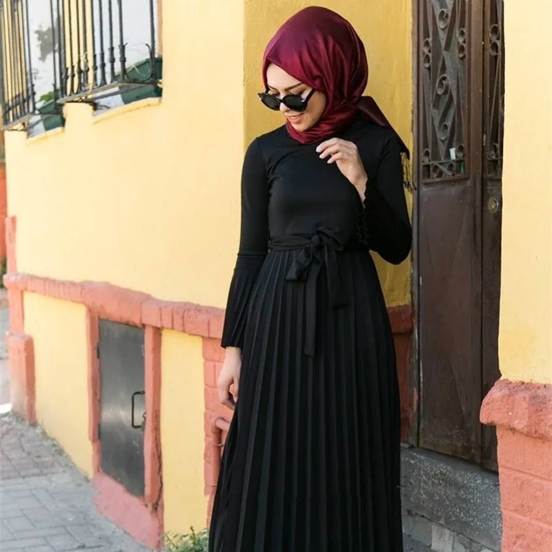 Women Abaya Dubai Turkey Femme New European and American Female Long Skirt Pleated Bell Sleeve Dress Muslim Fashion Long Dresses