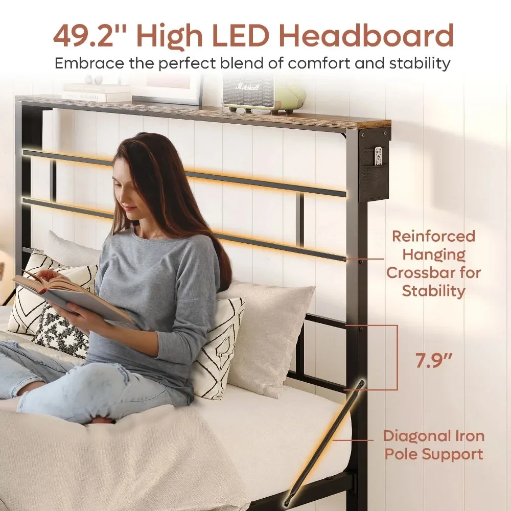 Bestier Queen Size Bed Frame with 49.2" High LED Storage Headboard Shelf, Metal Platform Bed, Black 2