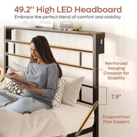 Bestier Queen Size Bed Frame with 49.2" High LED Storage Headboard Shelf, Metal Platform Bed, Black 2