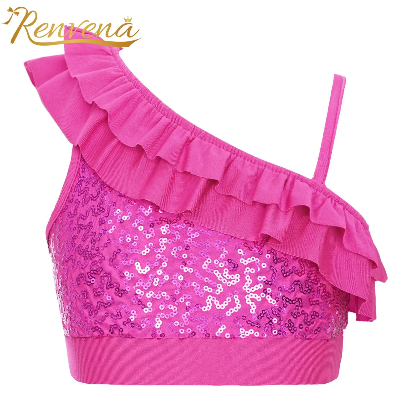 Fashion Girls Tops for Dancing Summer Sleeveless Asymmetrical Sequins Ruffled Tank Crop Top Kids Dance Wear Children's Clothes kids tops