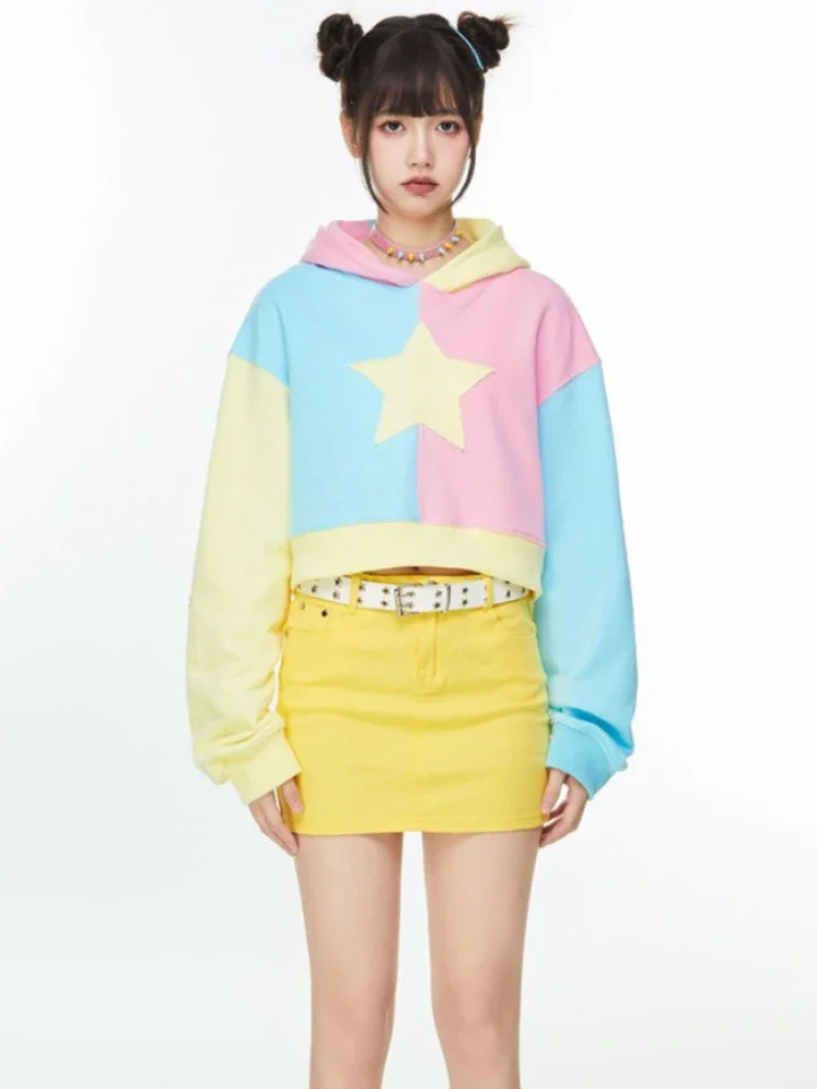 Deeptown Harajuku Kawaii Star Print Hoodies Women Vintage Kpop Patchwork Sweatshirts Grunge Oversized Casual Tops Y2K Streetwear