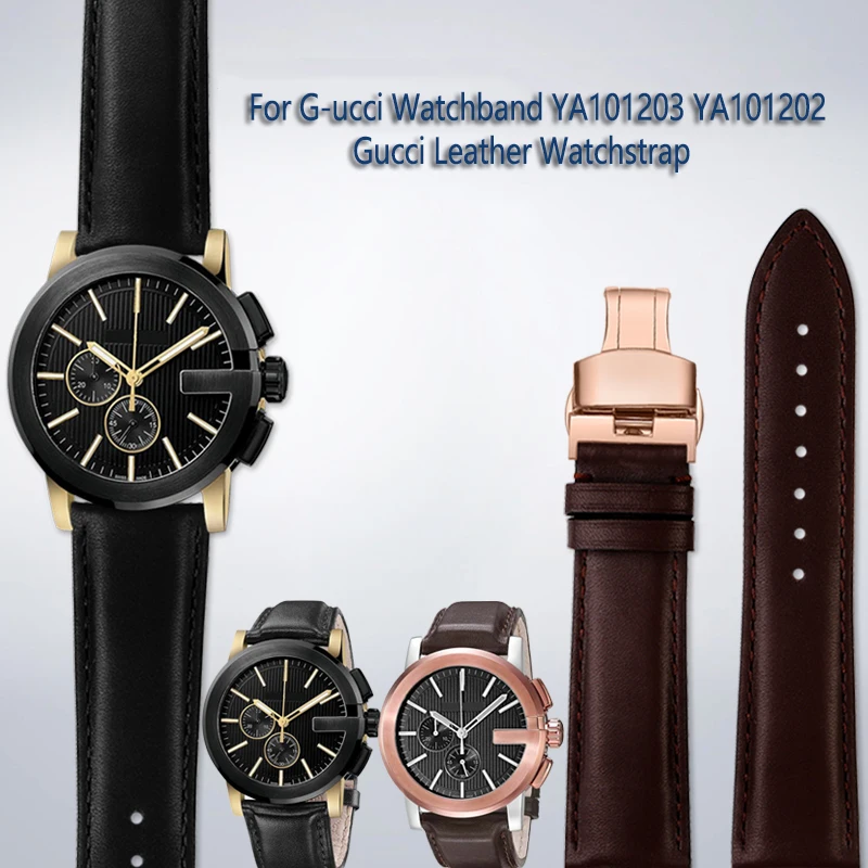 

For Gucci Watch YA101203 YA101202 GC Pin Button Butterfly Buckle Strap Waterproof Soft Breathable Leather Wristband Black 20MM