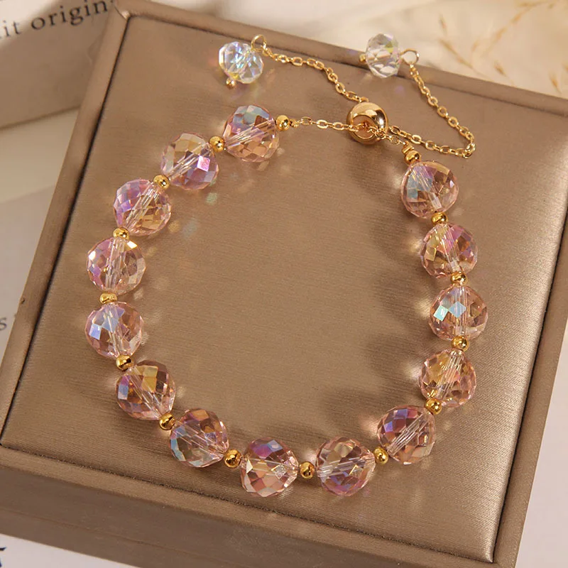 Elegant multicolour crystal bead bracelet with snake chain and toggle clasp for women