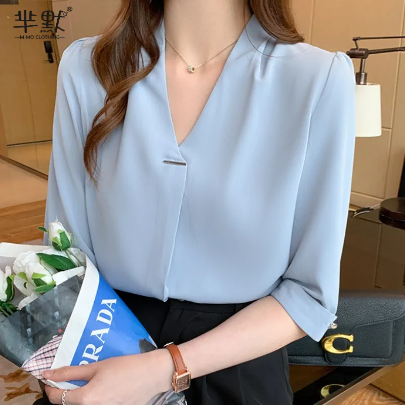 

Solid Color Office Lady Chiffon Shirts Women 2023 New Half Sleeve Deep V-Neck Women's Blouses Korean Style Elegant Tops