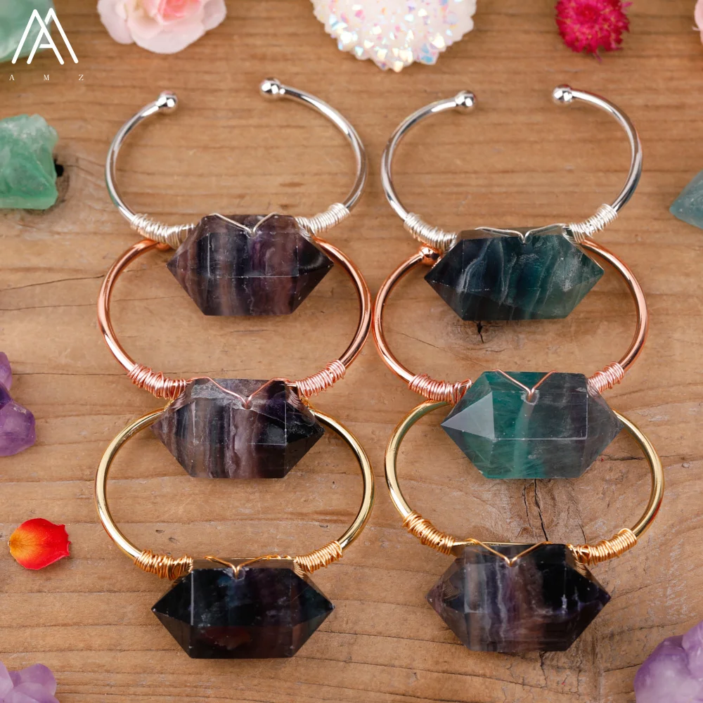 

Natural Rainbow Fluorite Stone Open Cuff Bracelet Double Point Gemstone Gold Bangle Fashion Women Fluorite Jewelry Gift Dropship