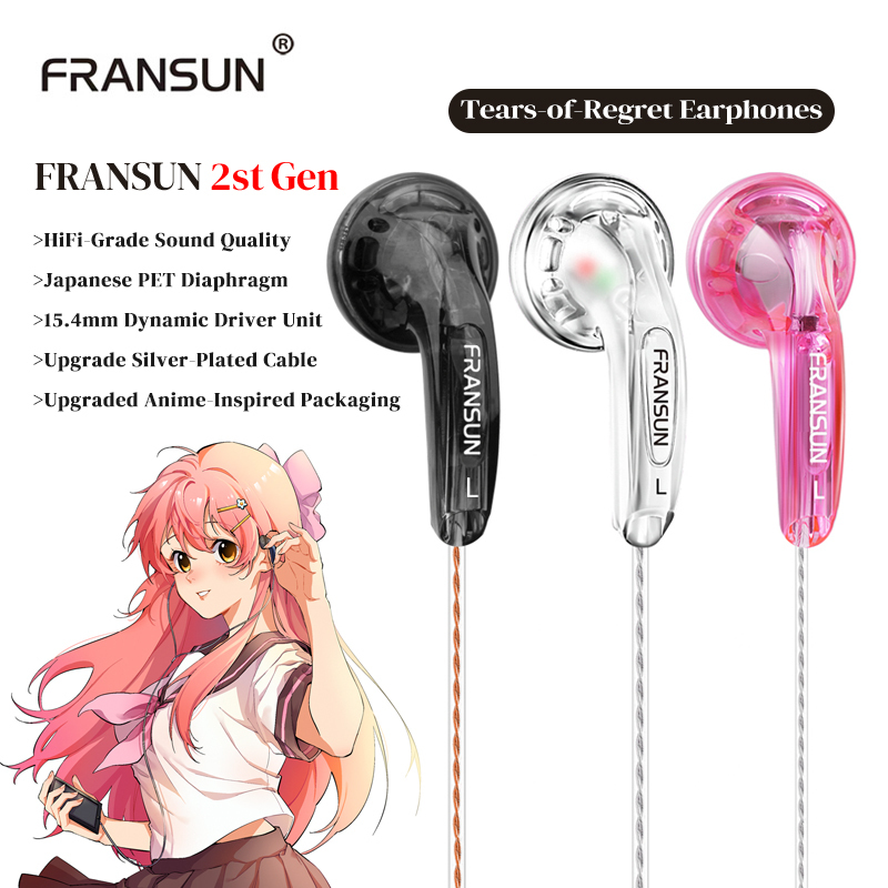 Fransun 2st Gen Flat-Head Silver Plated Cable Earphones 3.5mm HIFI Music Wired Earbuds 15.4mm Dynamic HD Microphone Headphones