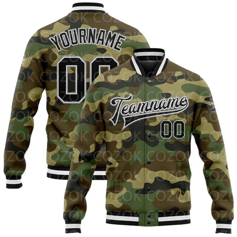 Custom Camouflage Yellow Color 3D Printed Baseball Button Jacket Bomber Full-Snap Varsity Letterman Jacket