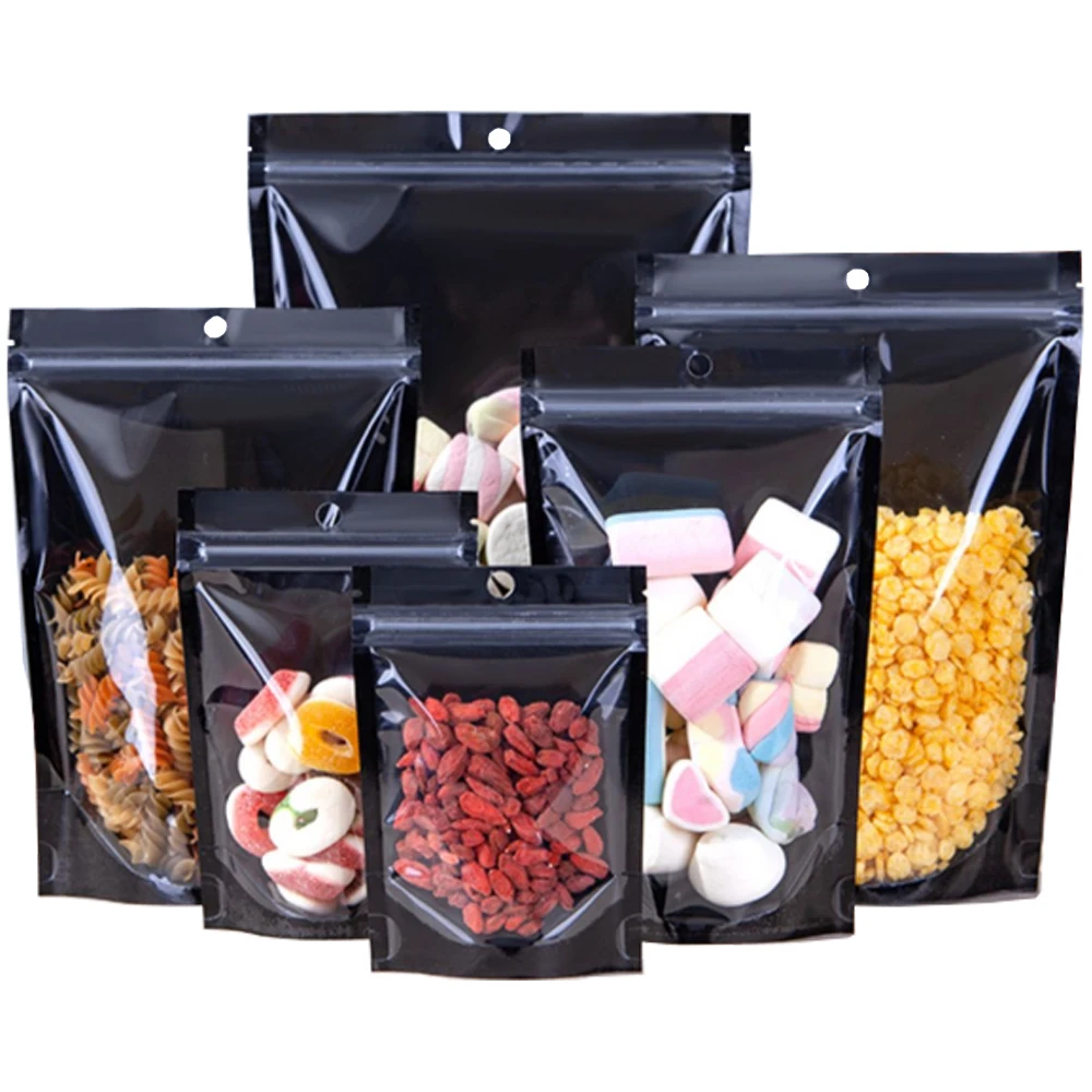 

100Pcs Clear Plastic Black Aluminum Foil Stand Up Bag with Hang Hole Zip Lock Resealabel Tear Notch Doypack Food Storage Pouches