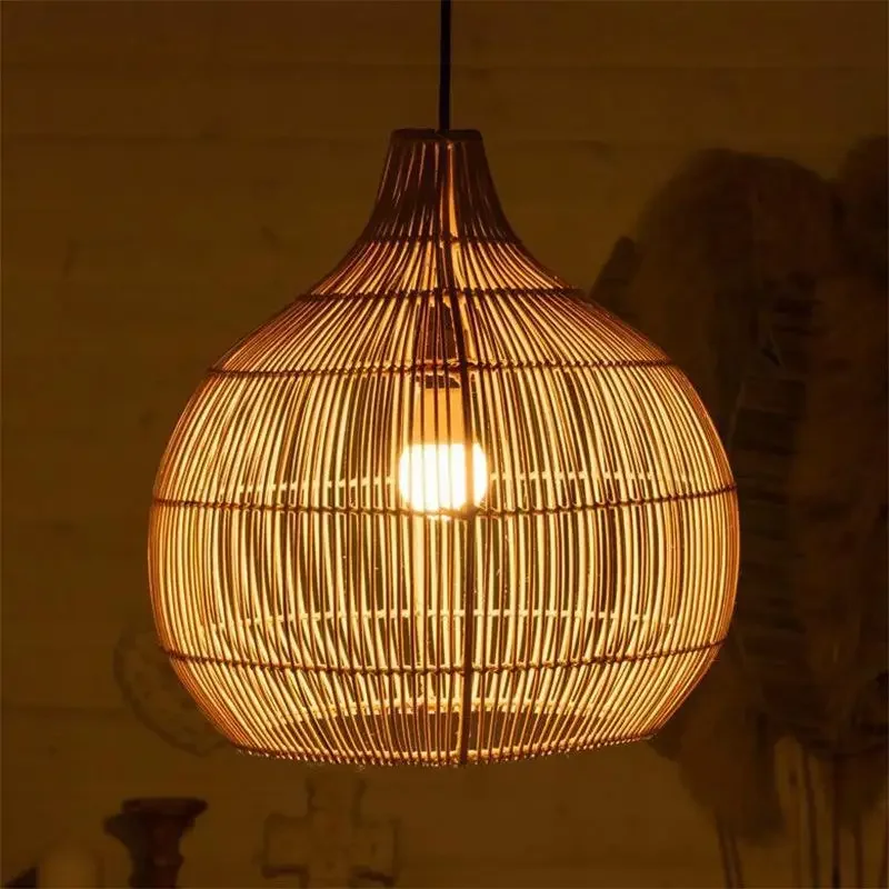 Chinese Style Birdcage Rattan Pendant Lamp HandWoven Suspension Idoor Lighting Homes Decor for Living Dining Room Restaurant Bar