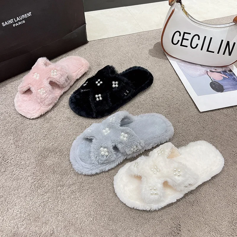 Winter Warm Plush Pearl Slippers Women Fashion Cross Fluffy Fur Shoes Home Slides Flats Indoor Floor Flip Flops Female Shoes