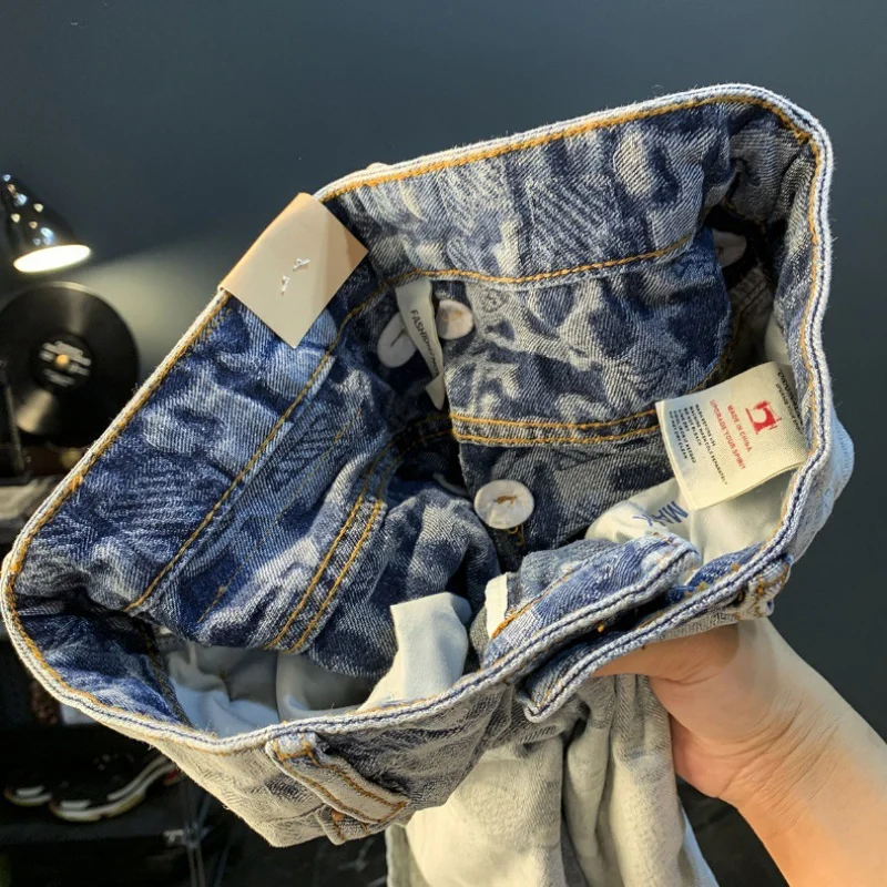 Summer Denim Shorts Men's Thin Texture Woven Printed Cropped Casual Pants Stretch Slim Straight Fashion Pants