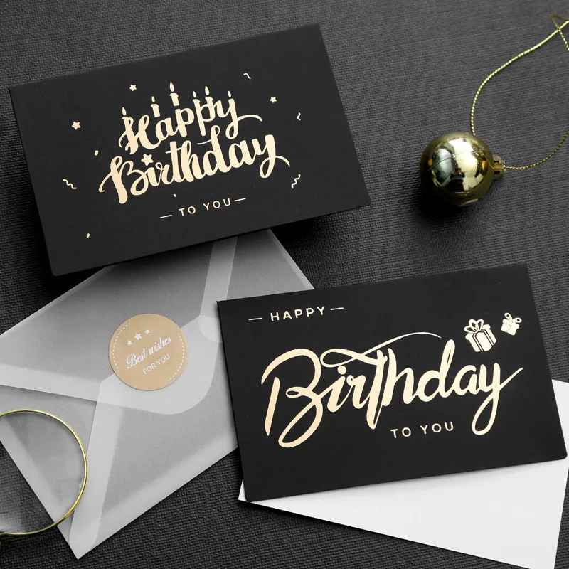 Black Birthday Greeting Card Bronzing Invitations Postcard Wishes Blessing Message Cards Small Card Blank with Envelope 6set birthday greeting cards