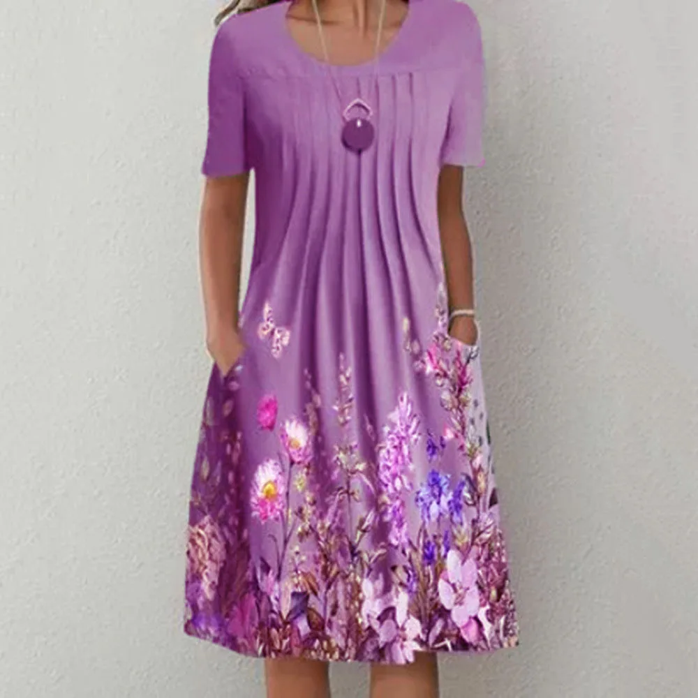 

Summer Short Sleeve Floral Printing Vintage Dresses For Women 2023 Female Clothing Loose Beach Elegant Large Swing Midi Dress