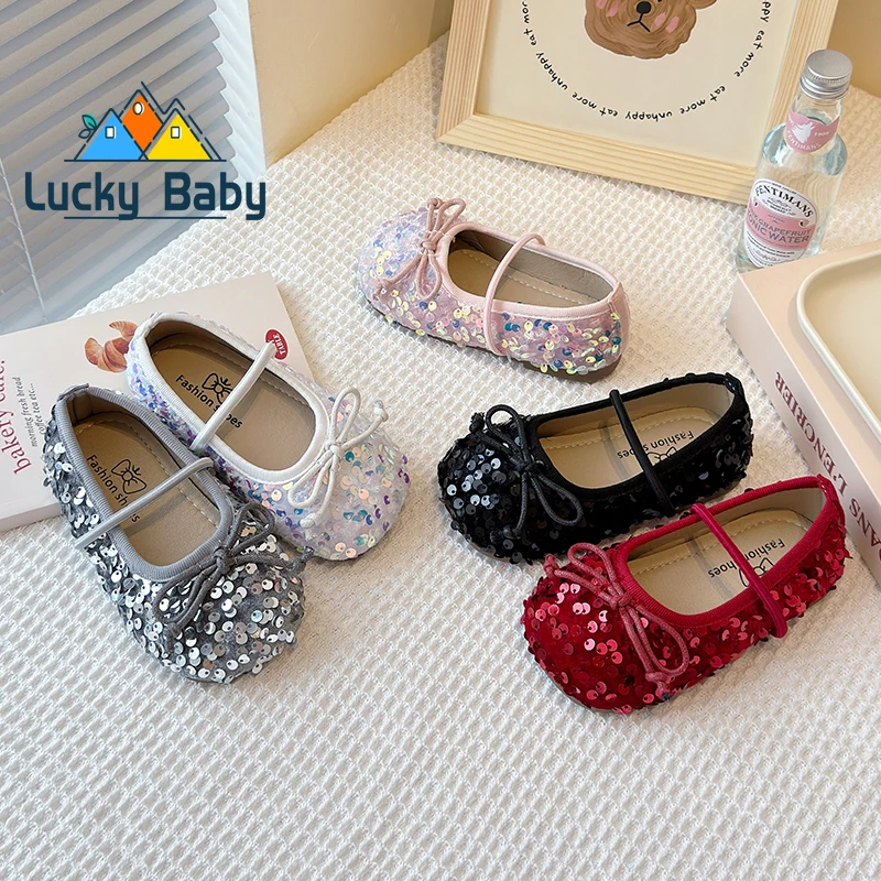 Girls Shoes Kids Glitter Leather Shoes for Wedding Stage Party Sequins Bling Shiny with Bow-knot Princess Soft Children's Flats